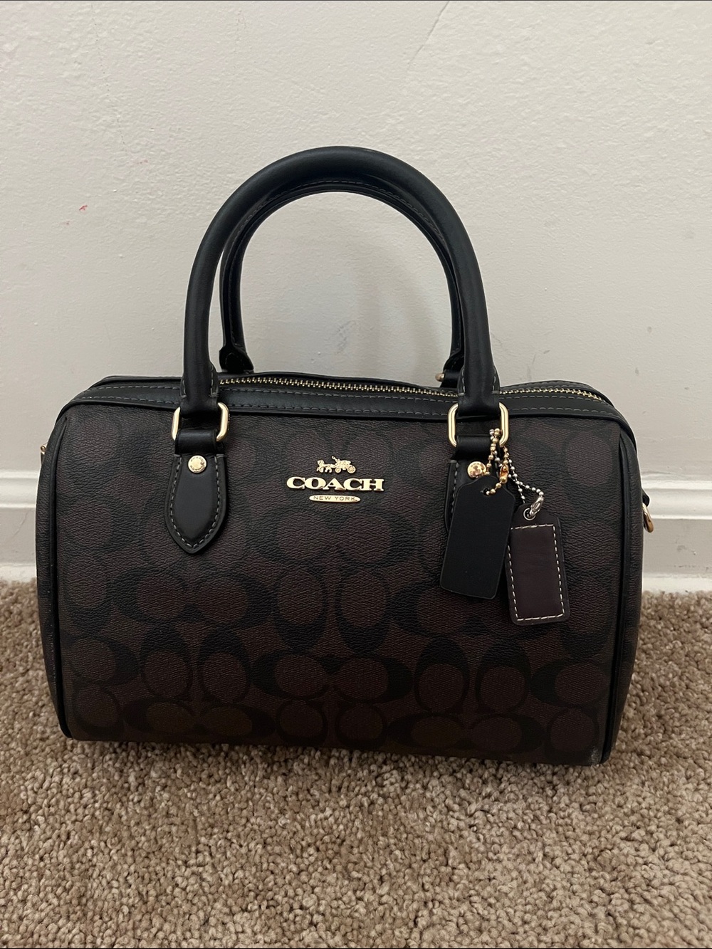 Coach Dark Brown and Black Signature Barrel Satchel